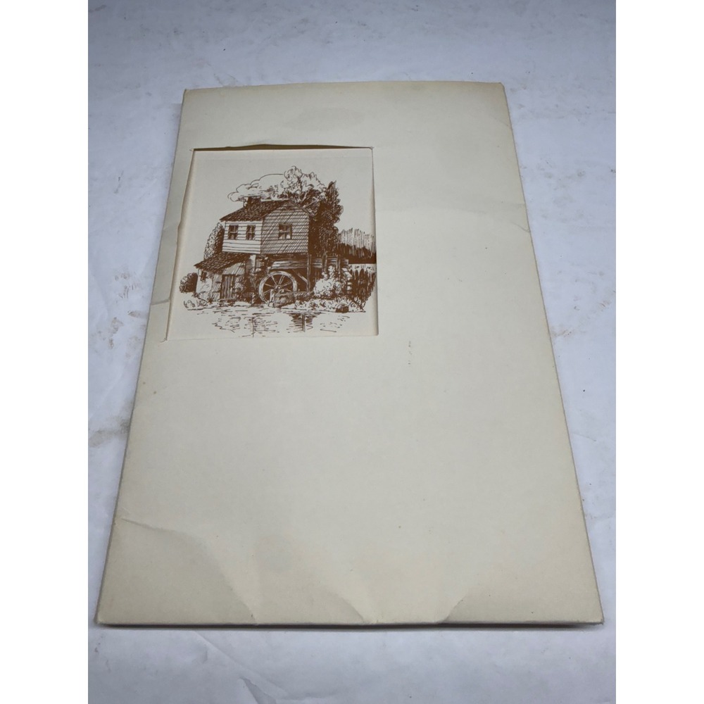 Vintage Water Mill House Greeting Card Blank Stationery Brown Ink Sketch Cream24